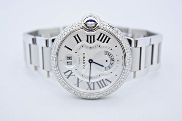 CARTIER BALLON BLEU DUEL TIME STAINLESS STEEL DIAMOND ENCRUSTED WATCH W6920011 7612456399978