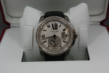 CALIBRE DE CARTIER STAINLESS STEEL WHITE DIAL DIAMOND ENCRUSTED WATCH W7100015