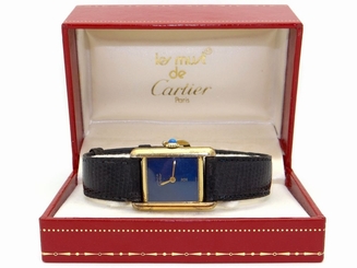 Must de Cartier Tank Paris 18k Gold Vermeil Plaque Manual Wind Blue Dial Watch