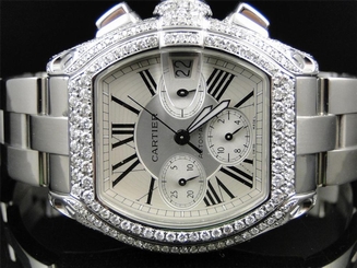 Mens Cartier Roadster Chronograph 9.5 ct XL VS Diamond Watch White Face Roman