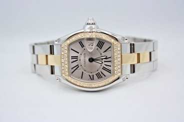  LADIES CARTIER ROADSTER TWO TONE 18K YELLOW SS DIAMOND ENCRUSTED WATCH W62026Y4