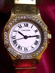 CARTIER SANTOS WOMAN'S 18 KARAT ALL GOLD AUTOMATIC SWISS WRIST WATCH w DIAMONDS