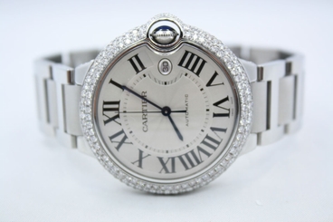 CARTIER BALLON BLEU 42MM STAINLESS TRIPLE ROW DIAMOND BEZEL WATCH W69012Z4 7612456341458
