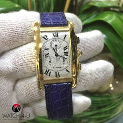 Cartier Tank Americaine 1730 18k Gold Unique Patent Clasp Purple Crocodile Strap