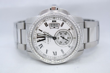  CARTIER CALIBRE DE CARTIER STAINLESS STEEL 42MM DIAMOND ENCRUSTED WATCH W7100015