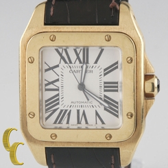 Cartier 18k Yellow Gold Santos 100 Automatic Watch w/ Leather Band 2657 Gift!