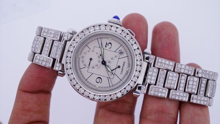 Unused 18.00 Diamonds Cartier Pasha Watch 2388 GMT White dial Box & Paper Video