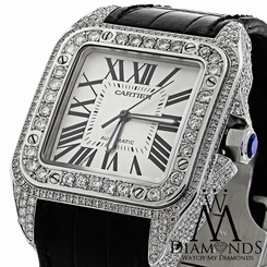 LUXURY DIAMOND CARTIER SANTOS 100 AUTOMATIC WATCH LARGER 10CT NATURAL DIAMOND