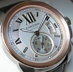 *NEW* MENS CALIBRE DE CARTIER SS/18K PINK GOLD SILVER BROWN STRAP W7100039 7612456685187