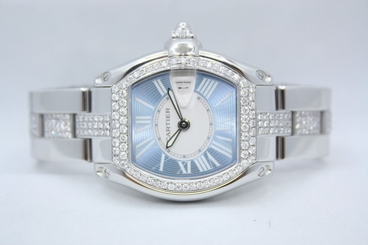  LADIES CARTIER ROADSTER STAINLESS STEEL BLUE DIAMOND ENCRUSTED WATCH W62053V3