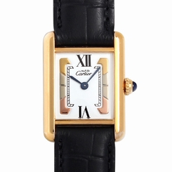 Pre-owned Must De Cartier Tank Vermeil SM Leather W1006354 Ladies Watch, PD