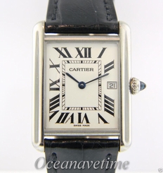 Cartier Louis Tank Large 18K White Gold Quartz Watch Black Strap w/Date