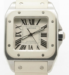 Cartier Santos 100 W20122U2 White Rubber Automatic Mid Size Ladies Watch 33mm 4100001463999