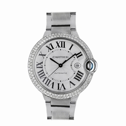 Mens 42mm Large Cartier Ballon Bleu White Face Automatic Diamond Watch W69012Z4