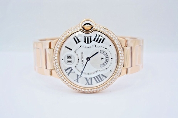 CARTIER BALLON BLEU DUEL TIME 18k ROSE GOLD DIAMOND ENCRUSTED WATCH W6920035