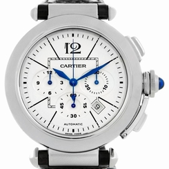 Cartier Pasha 38mm Chronograph Steel Black Strap Mens Watch W3108555