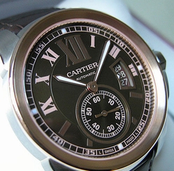 *NEW* MENS CALIBRE DE CARTIER SS/18K PINK GOLD CHOCOLATE BROWN STRAP W7100051 7612456786006