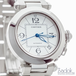 Cartier Pasha 36mm Steel Automatic Watch Date White Dial Canteen Crown W3107
