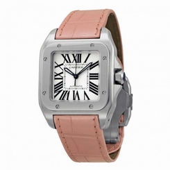 CARTIER WOMEN'S SANTOS 100 LEATHER BAND STEEL CASE AUTOMATIC WATCH W20126X8