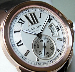 *NEW* MENS CALIBRE DE CARTIER 18K PINK GOLD SILVER BROWN LEATHER STRAP W7100009 7612456620539