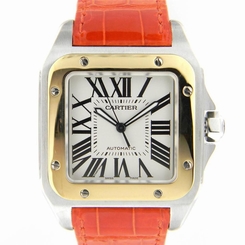 Cartier Santos 100 Automatic 38MM Steel/18K Yellow Gold Orange Leather Strap