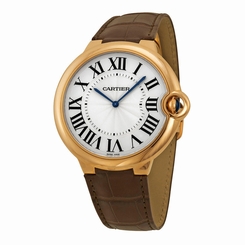 Cartier Ballon Bleu Extra Large Silver Dial 18kt Rose Gold Leather Mens Watch 7612456683442