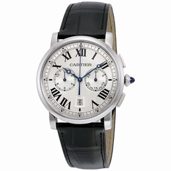 Cartier Rotonde Cartier Automatic Chronograph Silver Dial Black Leather Mens