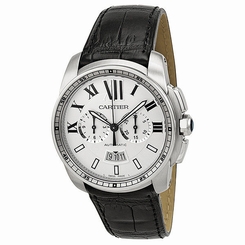 Cartier Calibre de Cartier Silver Dial Black Leather Automatic Mens Watch 7613268267271