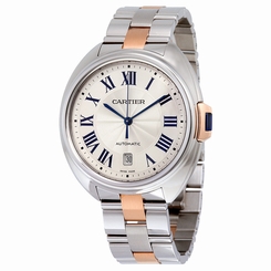 Cartier Cle Silver Dial Stainless Steel 18K Rose Gold Automatic Mens Watch