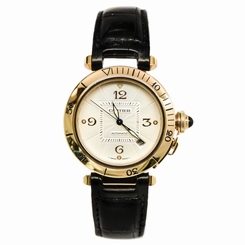 Cartier Pasha 2392 Automatic Men's Watch 18K Gold Bezel Leather Band Beige Dial