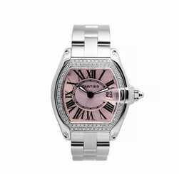 CARTIER ROADSTER 2675 PINK DIAL 0.80 CT DIAMOND BEZEL S/S QUARTZ WOMENS WATCH