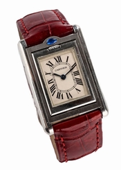 AUTH CARTIER Red Crocodile Stainless Steel Sapphire Tank Basculante Wrist Watch