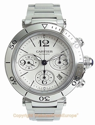 CARTIER PASHA SEATIMER Chronograph Steel Watch W31089M7 Box/Papers Retail $10900 7612456340758