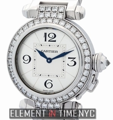 Cartier Pasha 18k White Gold 32mm Silver Arabic Dial Diamond Bezel WJ11924G B+P