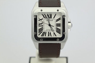 Cartier Santos 100 XL Stainless Steel on Brown Leather Strap on Deploying Buckle 7612456259647
