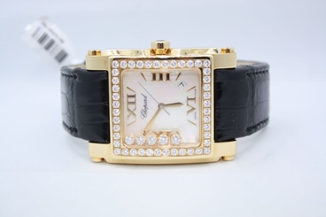 NEW CHOPARD HAPPY SPORT II SQUARE XL 18K YELLOW GOLD FACTORY DIAMOND WATCH