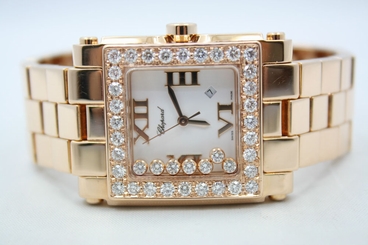 CHOPARD HAPPY SPORT SQUARE MEDIUM 18K ROSE GOLD DIAMOND ENCRUSTED WATCH