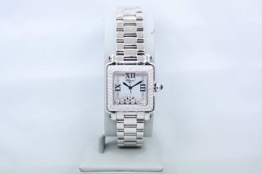 CHOPARD HAPPY SPORT SQUARE 7 STONE STAINLESS FACTORY DIAMOND ENCRUSTED WATCH