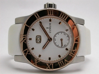 CORUM 02.0013 STAINLESS STEEL & 18K YELLOW GOLD WHITE LEATHER BAND WOMENS WATCH