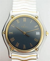  Men's Ebel 18k & Stainless Gold Roman Numerals with Date Classic Wave Blk Face