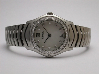 EBEL #9090F24 CLASSIC WAVE QUARTZ MOP DIAMOND DIAL STAINLESS STEEL WOMEN'S WATCH