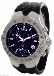 Ebel Mens Sportwave Black Dial Leather Band Stainless Steel Quartz Watch