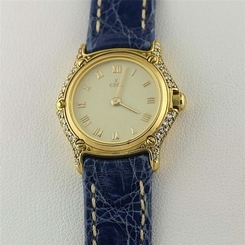 Ebel Classic Wave Diamond Watch 750 18k Yellow Gold Case Buckle Leater Band
