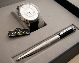 NEW Gevril 2002 Watch Pen Set Mens Columbus Circle Automatic Black Leather Swiss