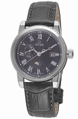 Gevril Men's Cortland Watch 2530 Black Dial Black Leather Moon Phase 24 Hour