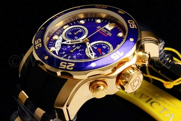 New Invicta Scuba Pro Diver Swiss Chrono 18K Gold Plated Blue DialS.S Poly Watch 843836069830