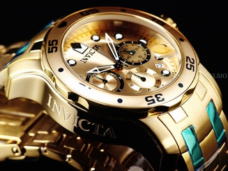 Mens Invicta Scuba ProDiver ISA Chrono 18K Gold IP SS Gold Sunray Dial Watch New