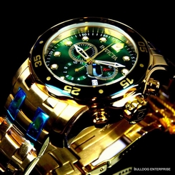 Invicta Pro Diver Scuba 18kt Gold Plated Steel Chronograph Green Watch New