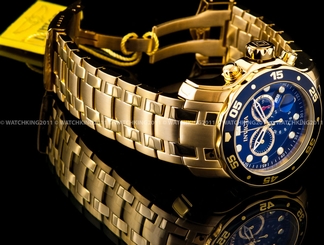 New Invicta Pro Diver Scuba 18K Gold Plated Blue Dial Chrono S.S Bracelet Watch