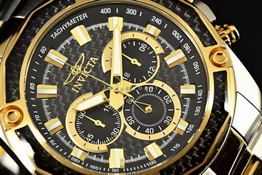 New Invicta Men's Aviator Black Carbon Fiber Chrono 2Tone Gold SS Bracelet Watch